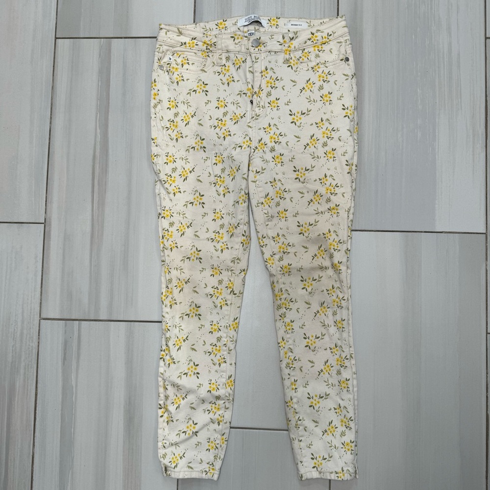 Judy Blue Skinny Fit Jeans Floral Yellow Green Cream Stretch Women's 13/31